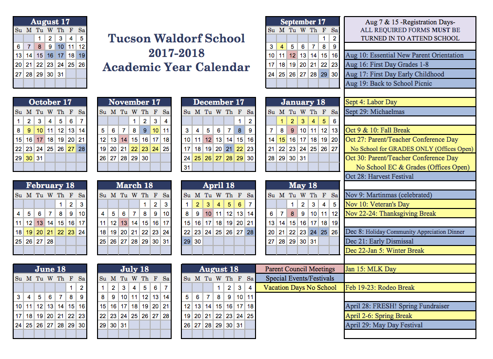 Academic Calendar - Tucson Waldorf School