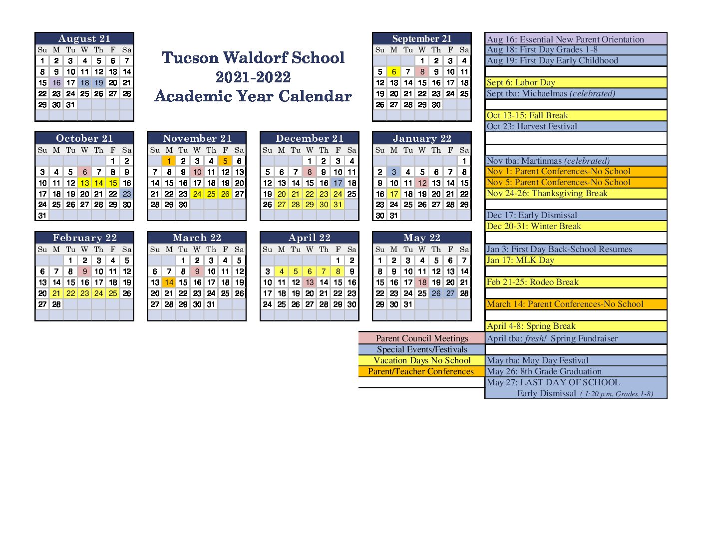 2021-2022 Academic Calendar - Tucson Waldorf School